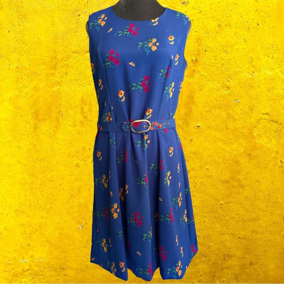 Leslie Fay vintage vibrant blue with floral bouquets two piece coordinated set - Picture 3 of 6